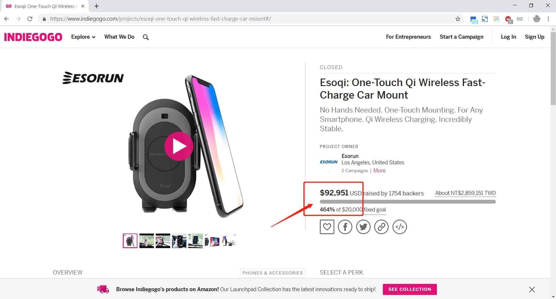 Indiegogo眾籌-Esoqi無線感應車充支架